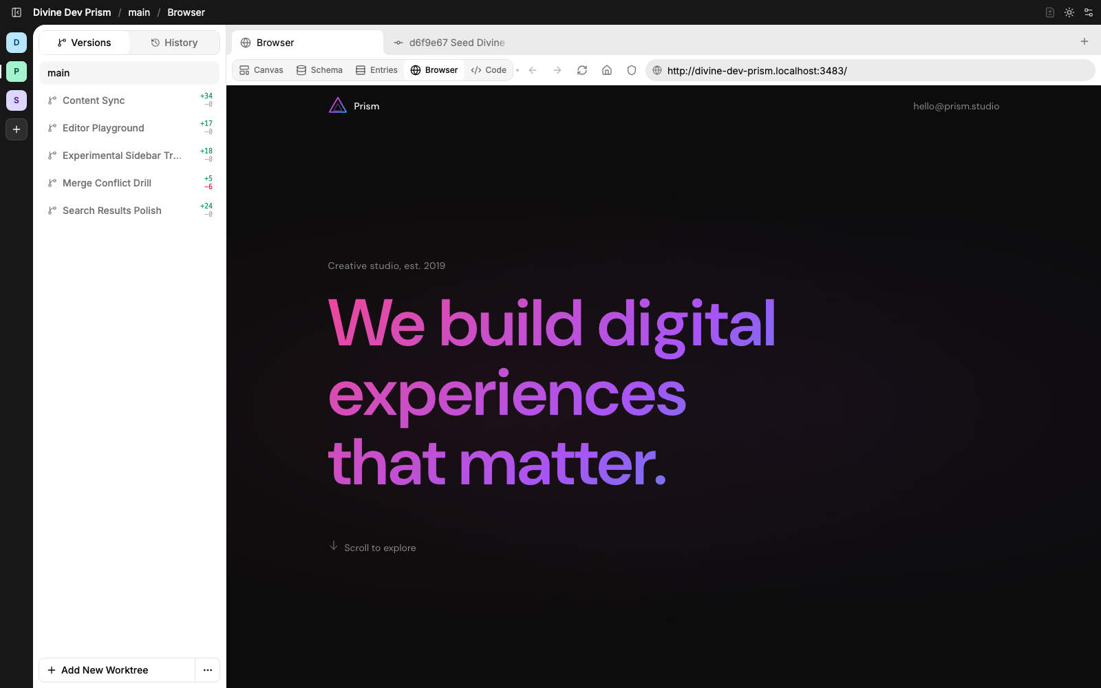 Divine browser workspace showing the Prism app frontend route inside the builder