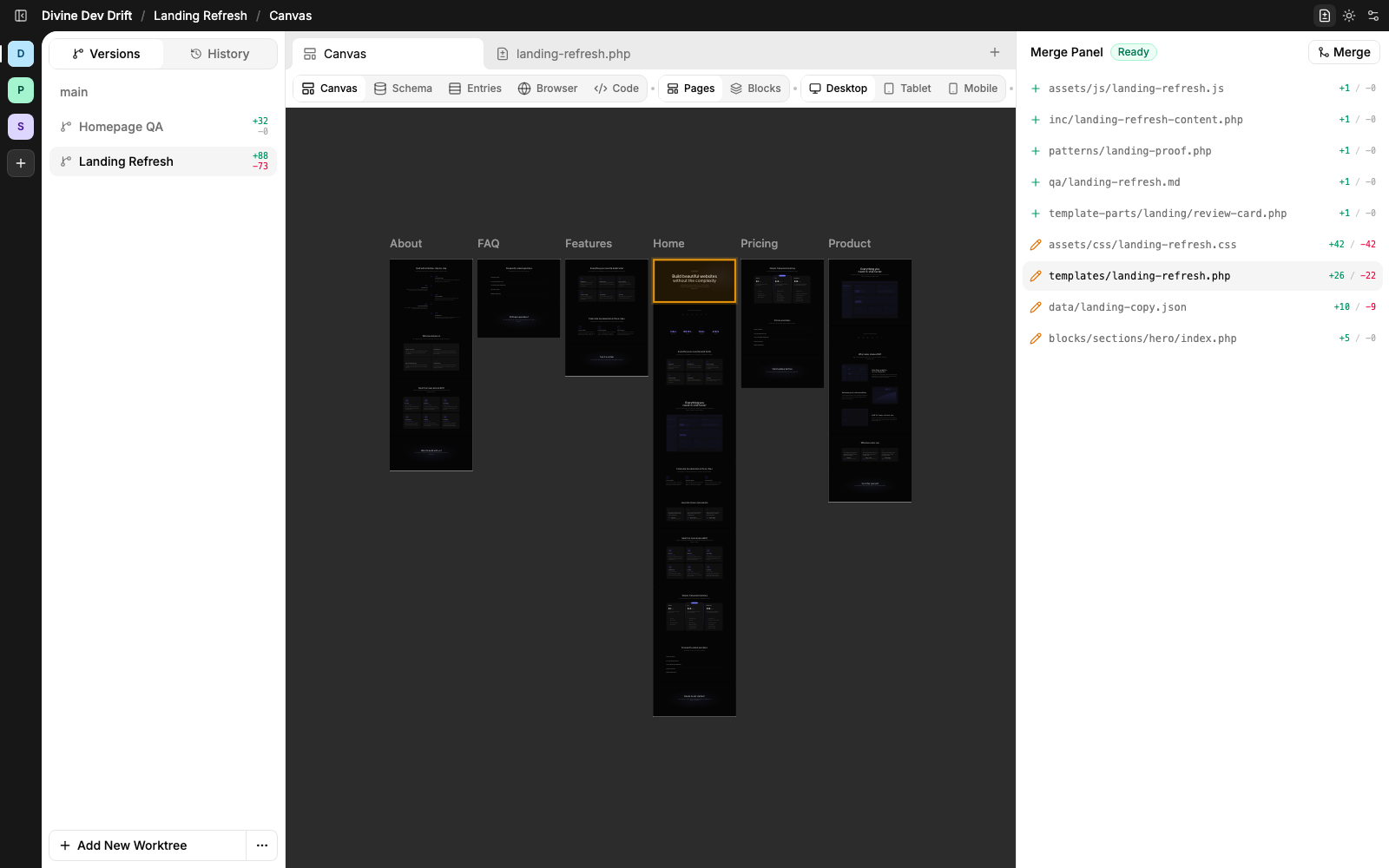 Divine worktree canvas with changed blocks and merge panel visible