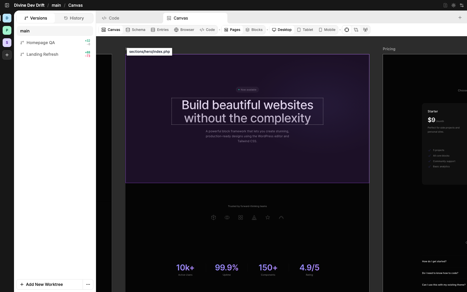 Divine canvas grabber highlighting a rendered WordPress block and its source template path