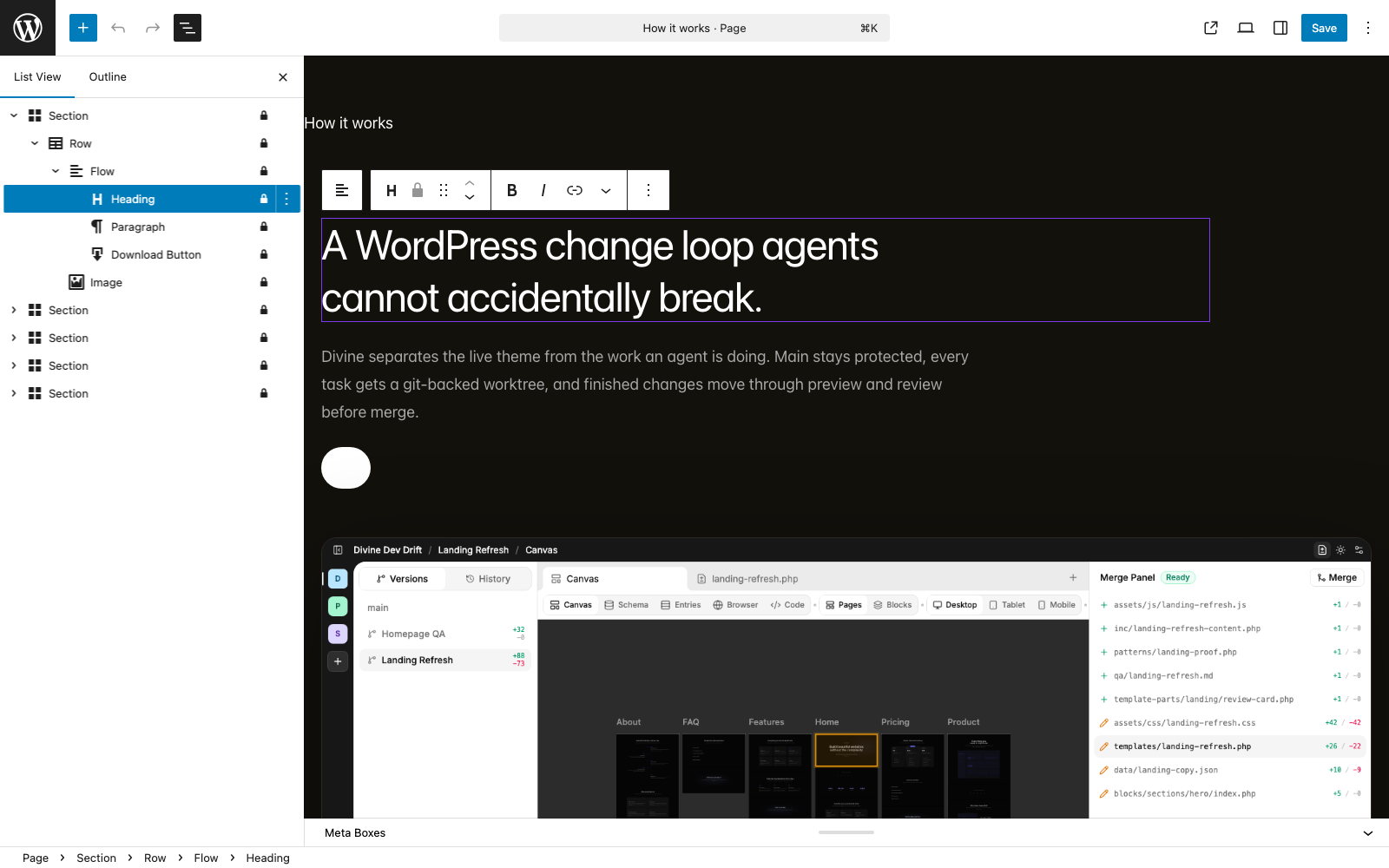 WordPress block editor showing the Divine How it works page as editable blocks with list view open