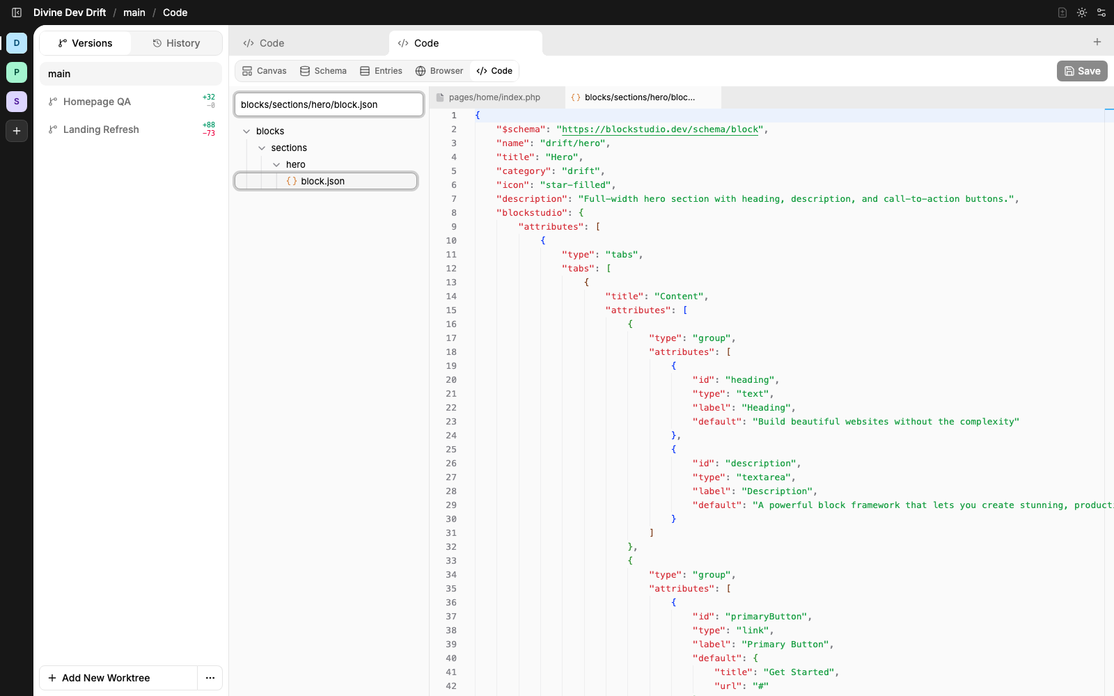 Divine code workspace showing the block.json source for a rendered WordPress block