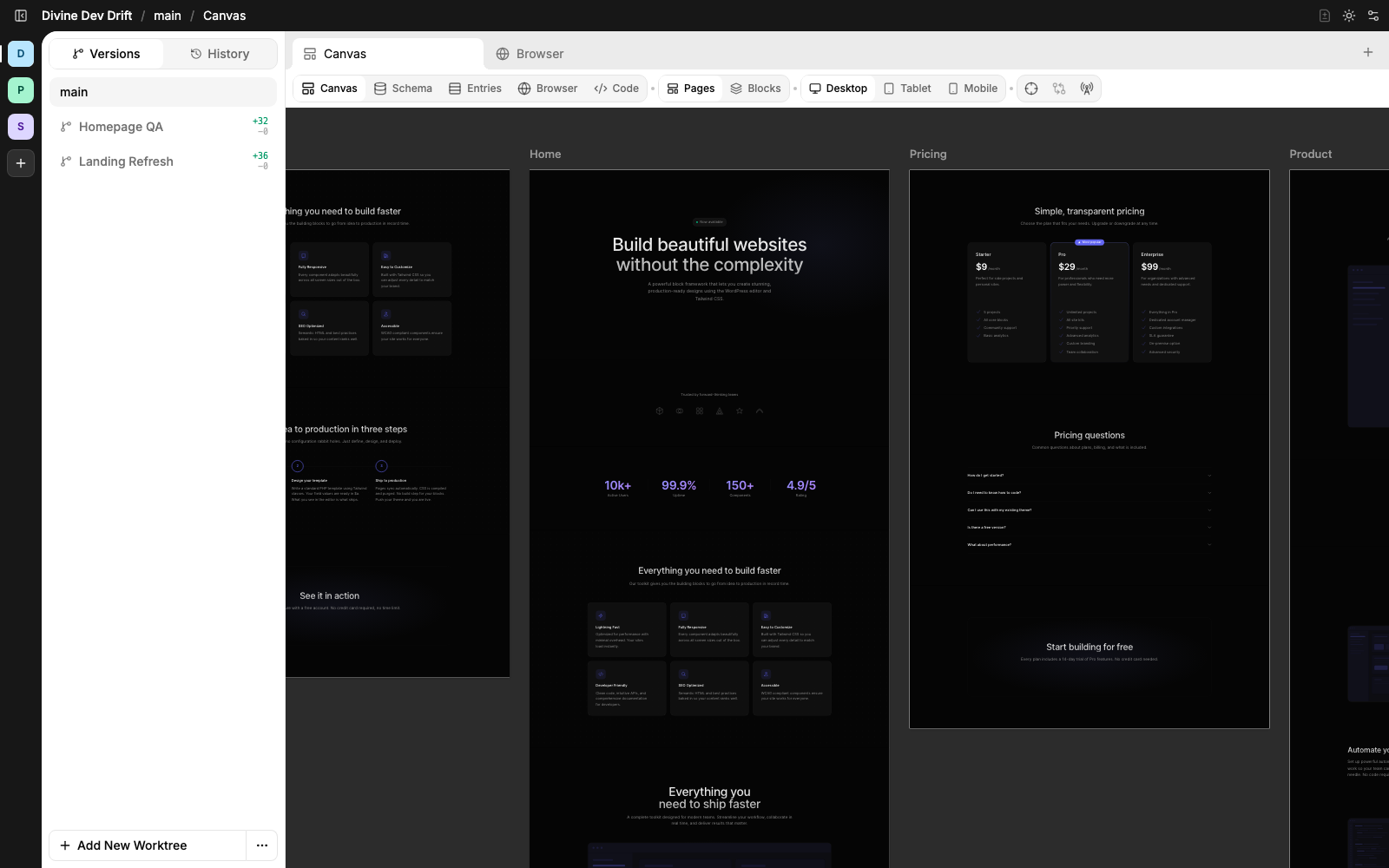 Divine canvas showing Drift pages inside the main worktree