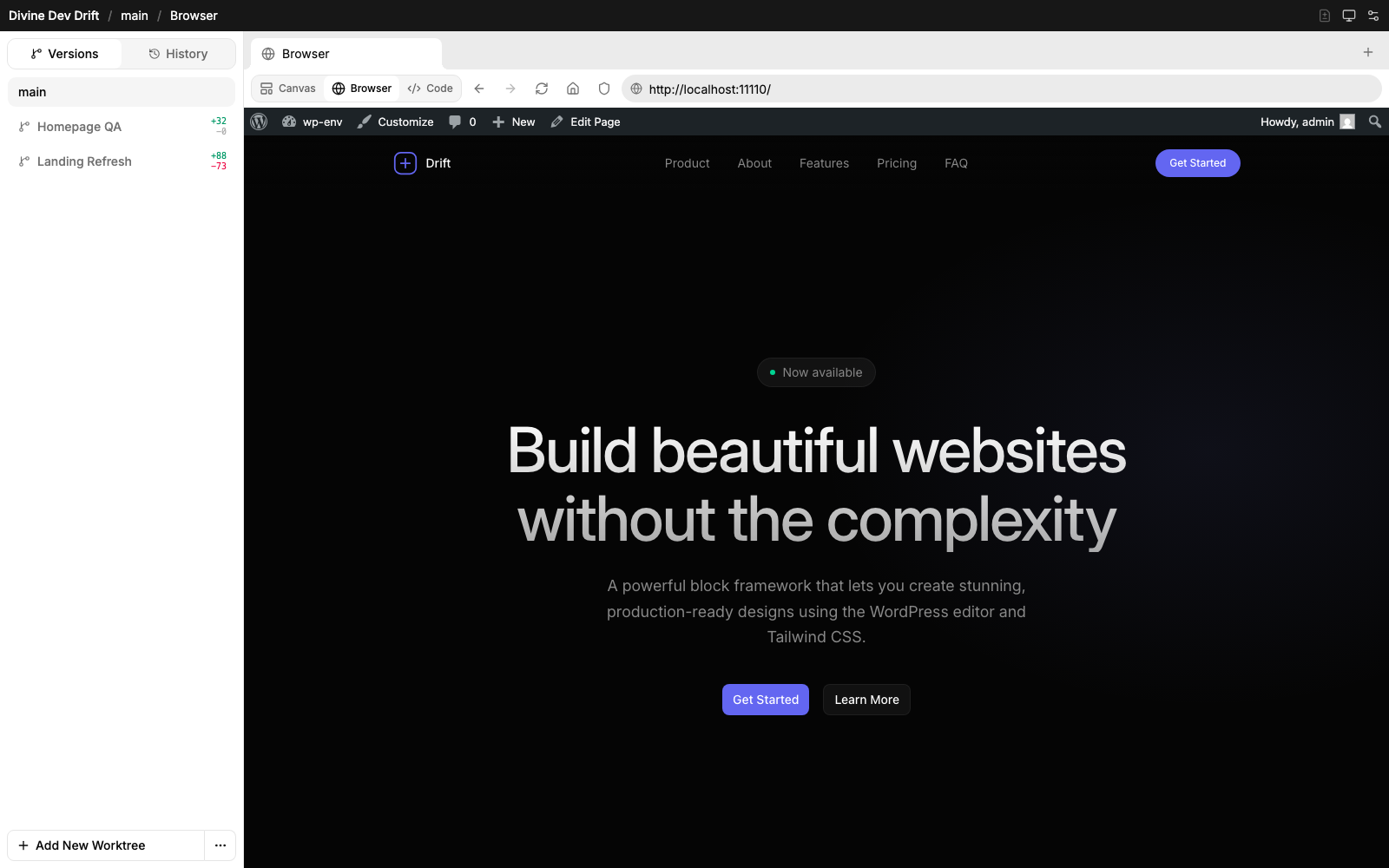Divine browser workspace showing a theme preview inside the builder