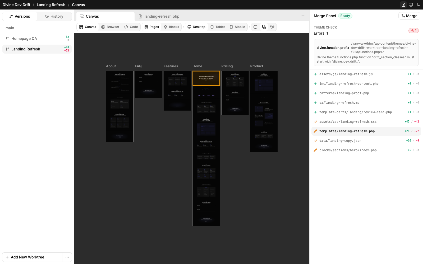 Divine worktree canvas with changed blocks and merge panel visible