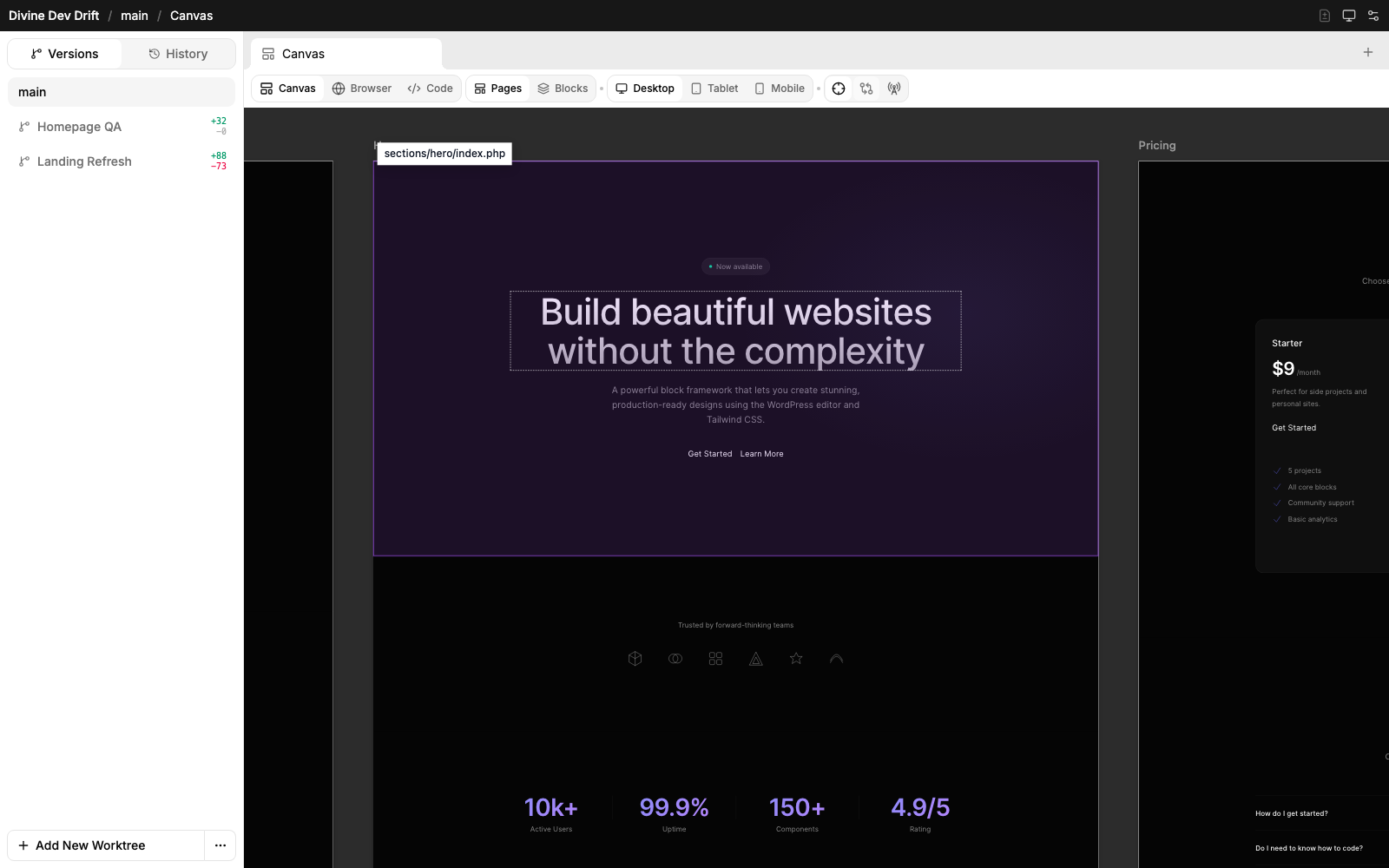 Divine canvas grabber highlighting a rendered WordPress block and its source template path