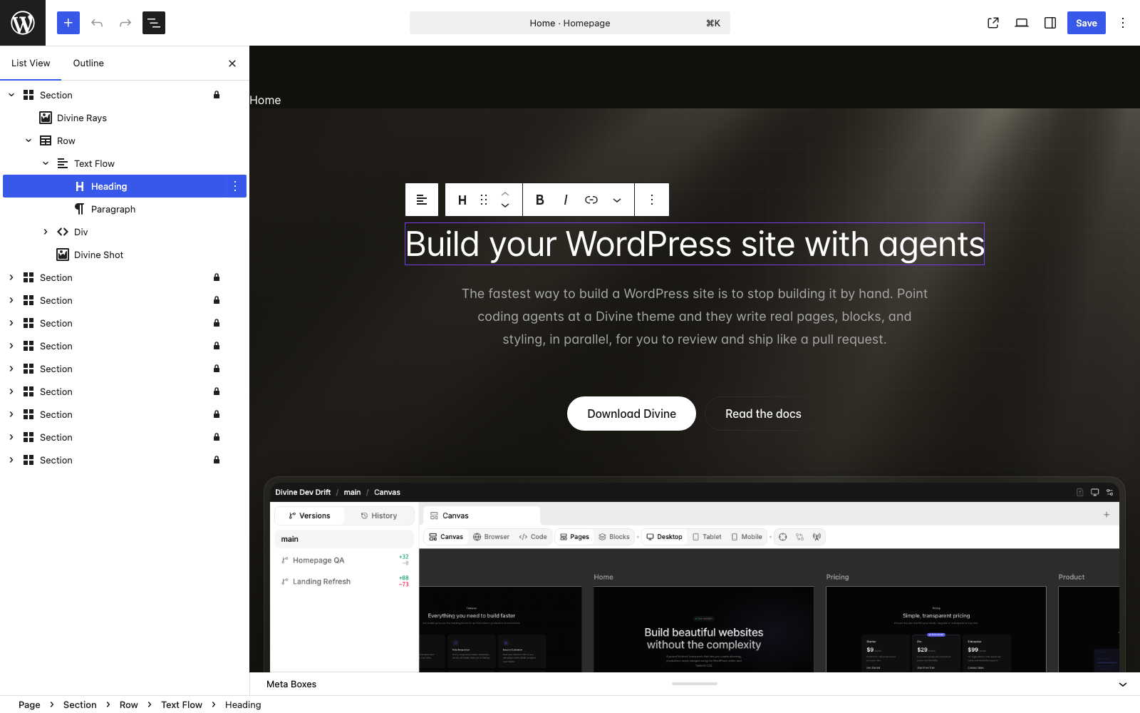 WordPress block editor showing the Divine How it works page as editable blocks with list view open