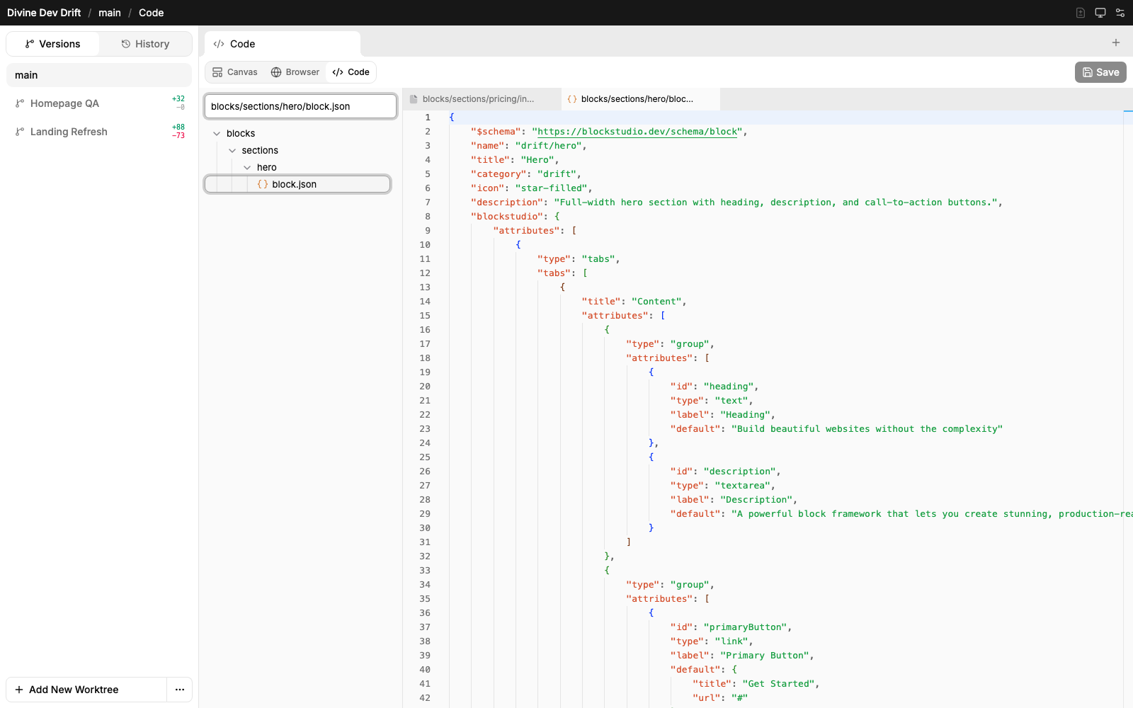 Divine code workspace showing the block.json source for a rendered WordPress block
