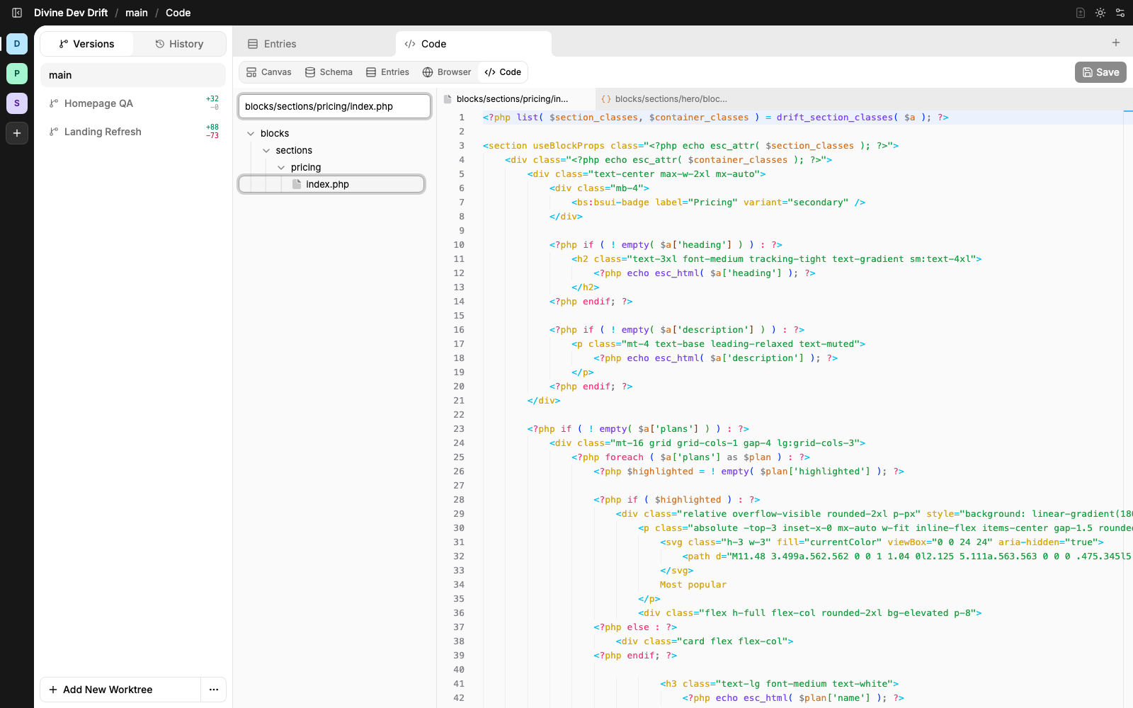 Divine code workspace showing the theme file tree and the Drift pricing block template open in the editor