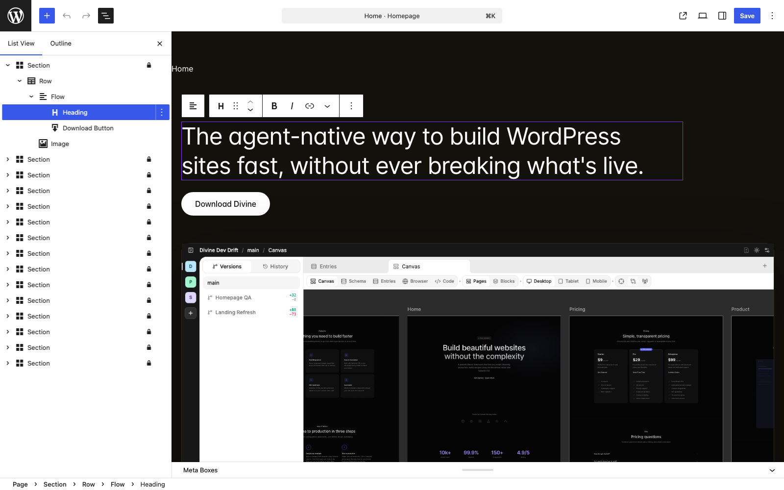 WordPress block editor showing the Divine homepage hero as selected WordPress blocks