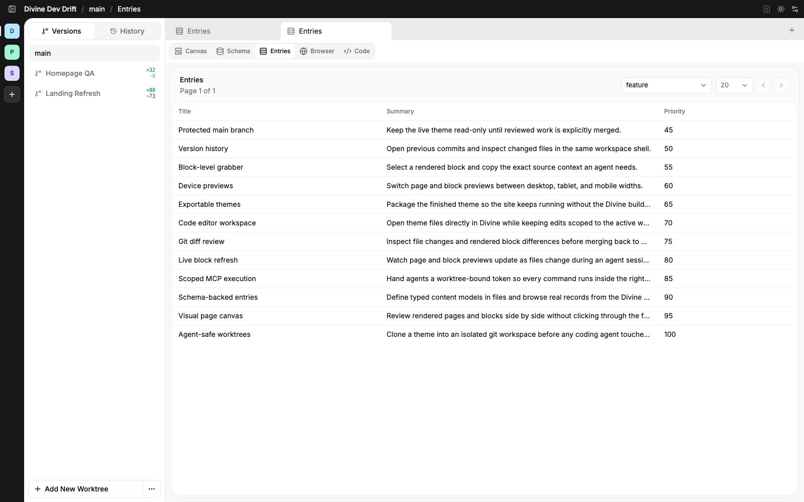 Divine entries table showing schema-backed feature records inside the WordPress builder