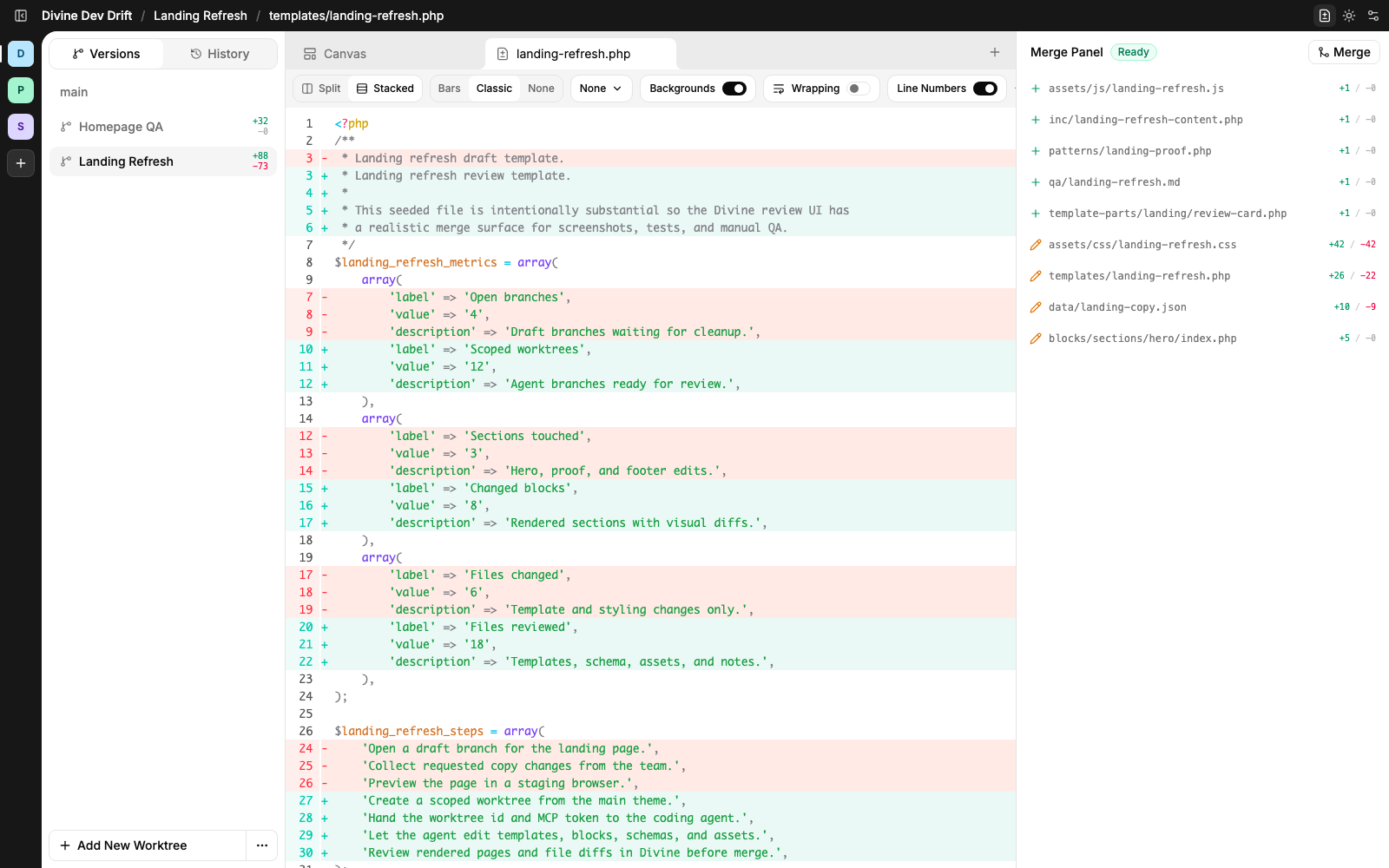 Divine merge review showing a selected landing refresh file diff and changed files panel