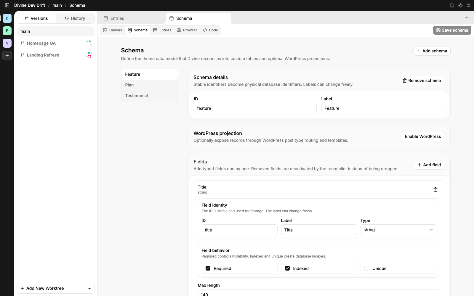 Divine schema editor showing the Drift feature content model