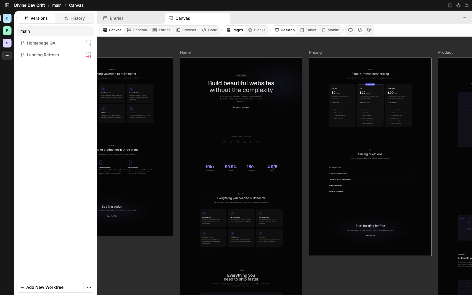 Divine canvas showing Drift pages in the live theme